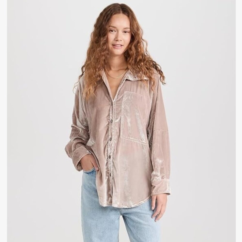 Free People Dusty Rose Velvet Button-Down Shirt